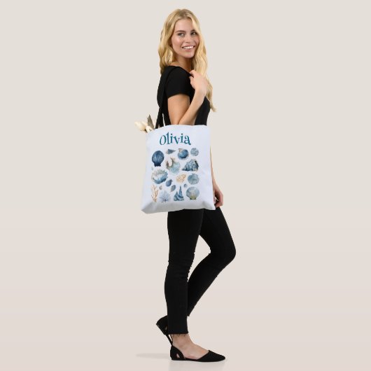 Blue Seashell Tote Bag – Custom Name (Op model)