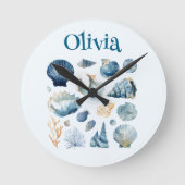 Blue Seashell Wall Clock | Custom Name Ronde Klok (Voorkant)