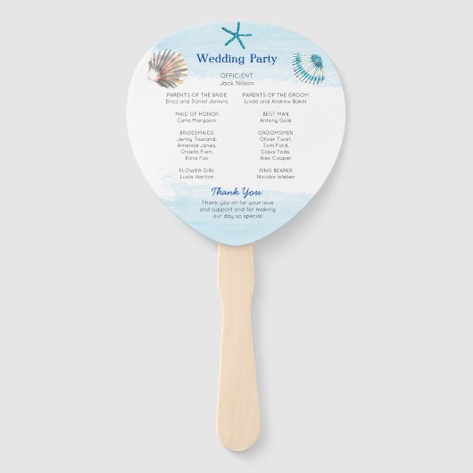 Blue Seashell Waterverf Theme Wedding Programme Handwaaier (Achterkant)