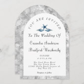 Blue Seashell Zilvergrijs Waterverf Strandbruiloft Kaart (Voorkant / Achterkant)