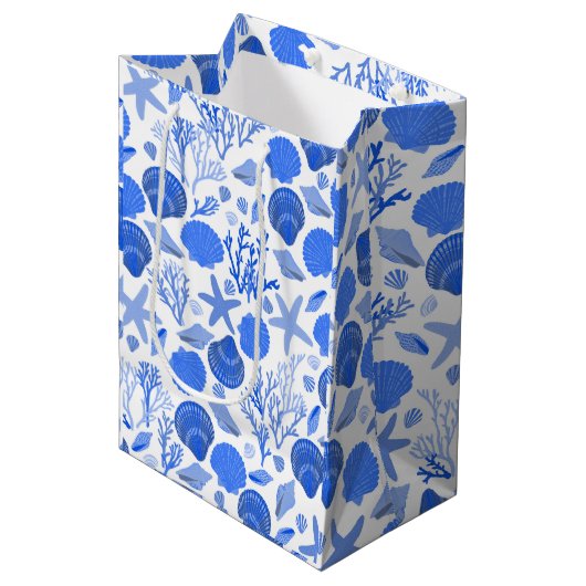 Blue Seashells and Coral Pattern Medium Cadeauzakje (Voorkant Gekanteld)
