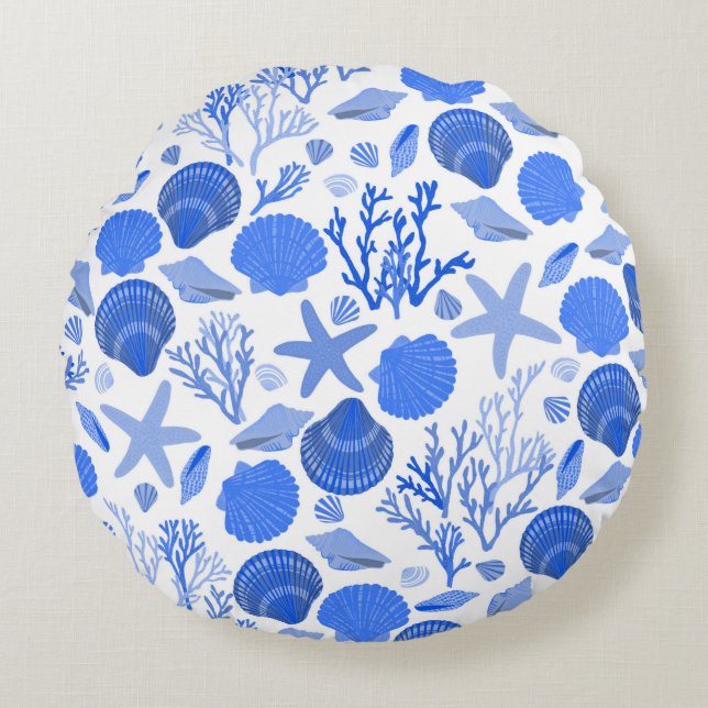 Blue Seashells and Coral Pattern Rond Kussen (Voorkant)