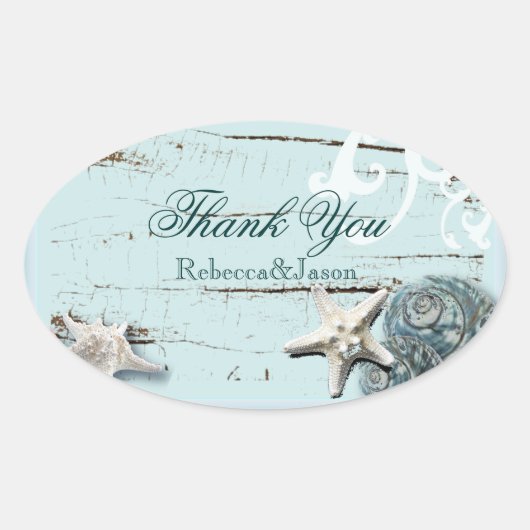 Blue Seashells Beach Bruiloft bedankt Ovale Sticker (Voorkant)