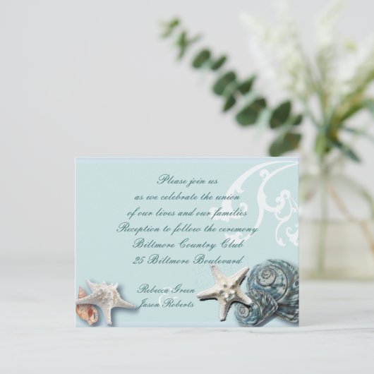 Blue Seashells Beach mariage Cartes de réception (Debout devant)