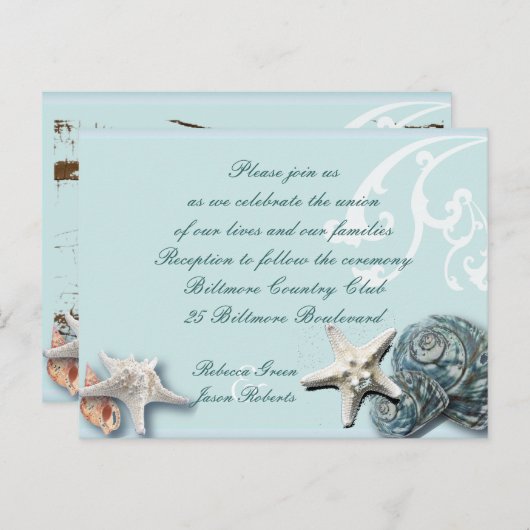 Blue Seashells Beach mariage Cartes de réception (Devant / Derrière)