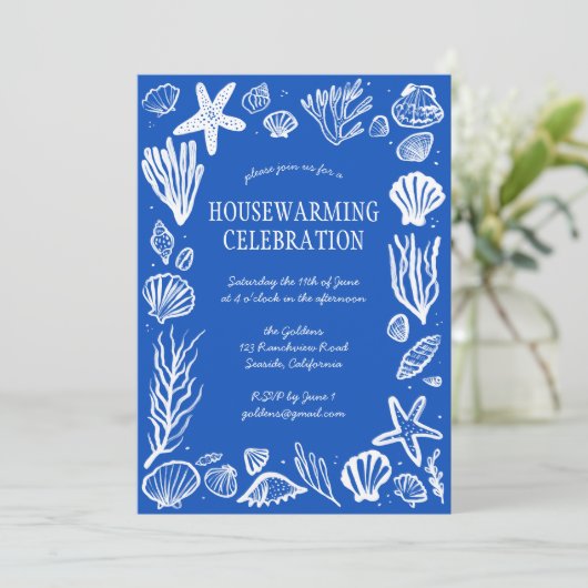 Blue Seashells Custom HOUSEWARMING PARTY Kaart (Staand voorkant)