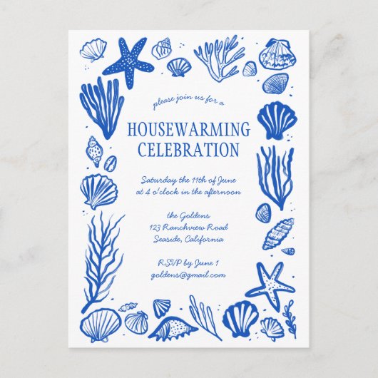 Blue Seashells Custom HOUSEWARMING PARTY Uitnodige Briefkaart (Voorkant)
