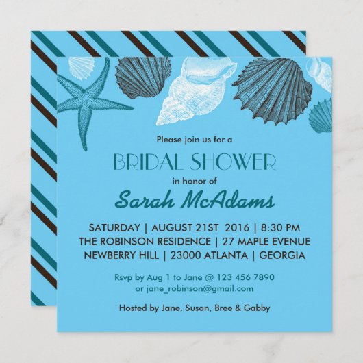 Blue Seashells Mariage Douche nuptiale Invitation (Devant / Derrière)