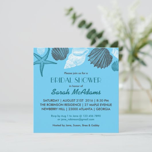 Blue Seashells Mariage Douche nuptiale Invitation (Debout devant)