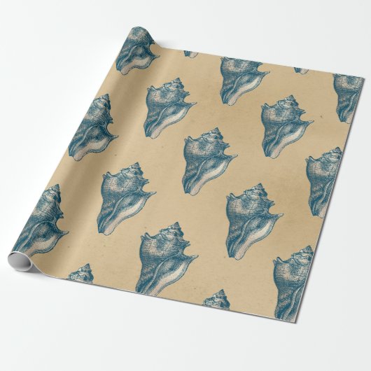 Blue Seashells op Tan Cadeaupapier (Uitgerold)