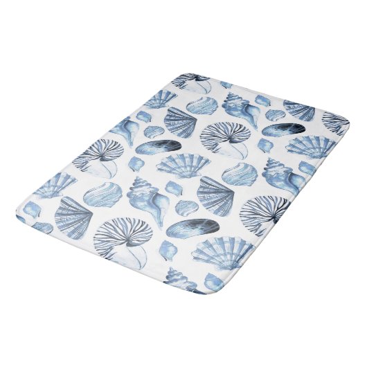 Blue Seashells Pattern op White Beach House Badmat (Gekanteld)