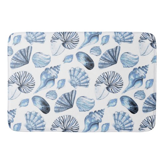 Blue Seashells Pattern op White Beach House Badmat (Voorkant)