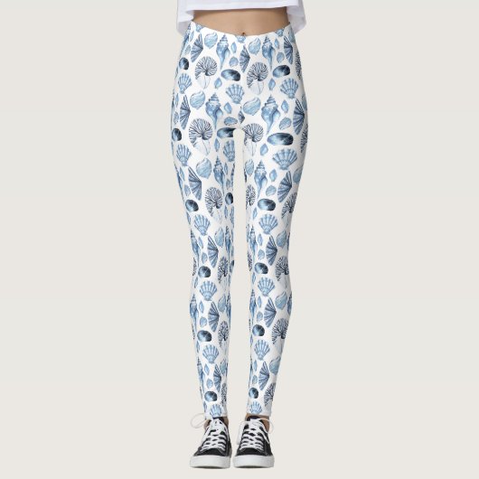 Blue Seashells Pattern op White Leggings (Voorkant)