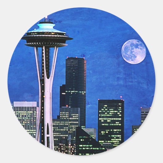 Blue Seattle Downtown Skyline Ronde Sticker (Voorkant)