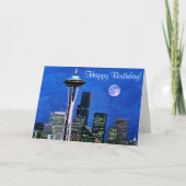 Blue Seattle Skyline Happy Birthday Kaart (Voorkant)