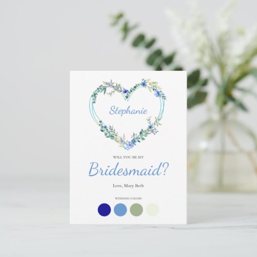 Blue Shades Wreath Heart for Bridesmaids Proposal Uitnodiging Briefkaart (Staand voorkant)