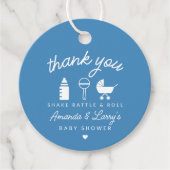 Blue Shake Rattle en Roll Baby shower Bedankjes Labels (Voorkant)