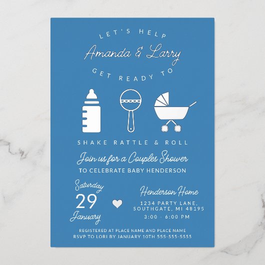 Blue Shake Rattle en Roll Baby shower Folie Uitnodiging (Voorkant)