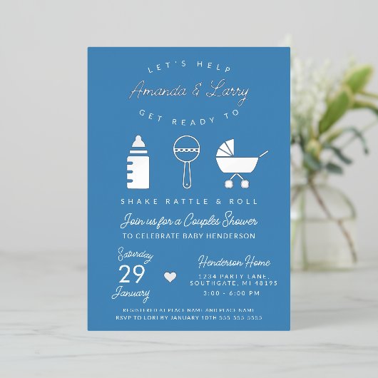 Blue Shake Rattle en Roll Baby shower Folie Uitnodiging (Staand Voorkant)