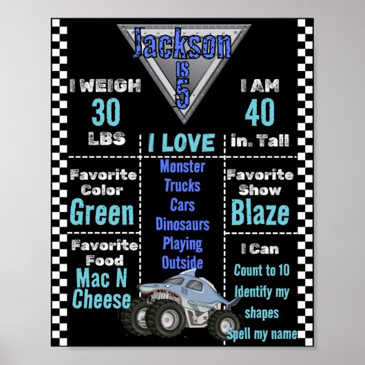 Blue Shark Monster Truck Milestone Chart Poster (Voorkant)