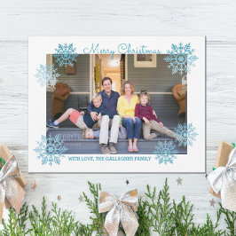 Blue Shimmering Chic Snowflake Holiday Foto Feestdagenkaart