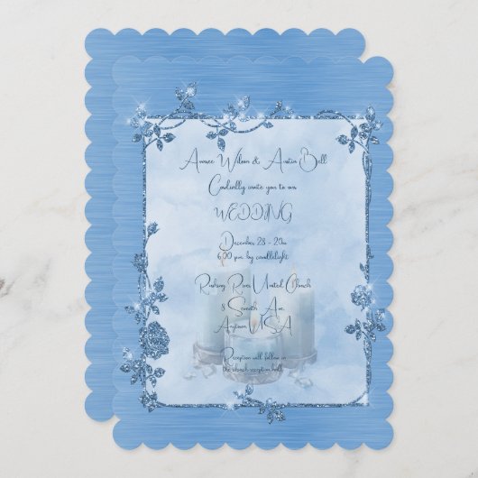 Blue Shiny Elegant Sparkly Frame Wedding Kaart (Voorkant / Achterkant)