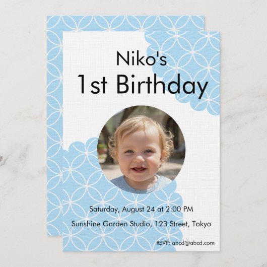 Blue Shippo 1st Birthday Photo Invitation 招待状 (Devant / Derrière)