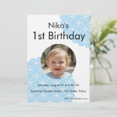 Blue Shippo 1st Birthday Photo Invitation 招待状 Kaart (Staand voorkant)