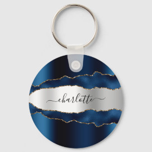 Blue Silagate marble Name script Sleutelhanger