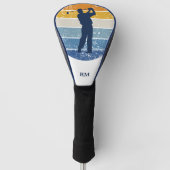 Blue Silhouette Golfer op Retro Stripe Golf Golfheadcover (Voorkant)