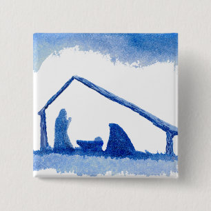 Blue Silhouette Natitivity Scene Vierkante Button 5,1 Cm