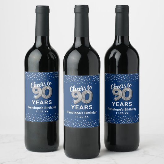 Blue Silver 90th Birthday Vin Étiquette (Bouteilles)
