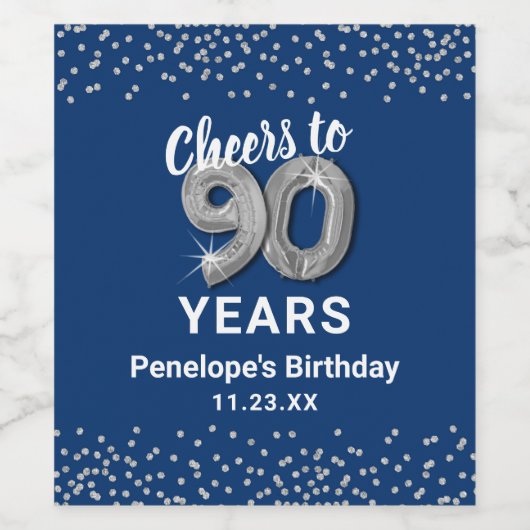 Blue Silver 90th Birthday Vin Étiquette (Étiquettes simples)
