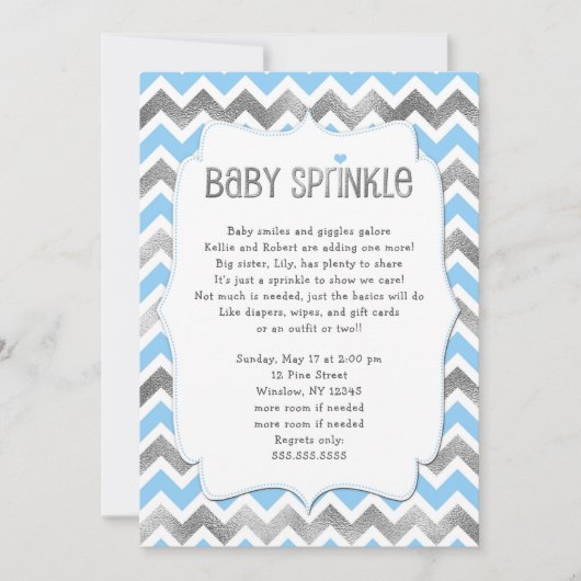 Blue Silver Baby Sprinkle boy baby shower nodigt Kaart (Voorkant)