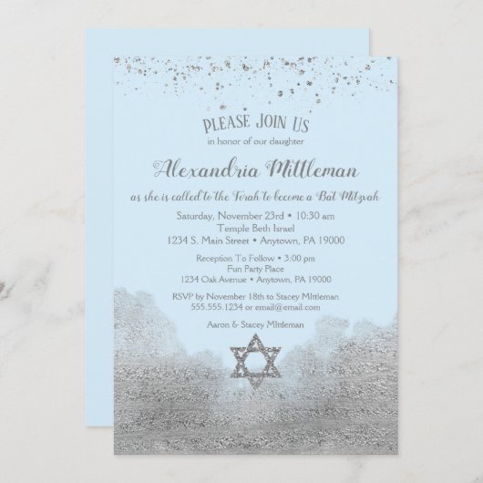 Blue Silver Bat Mitzvah Uitnodiging (Voorkant / Achterkant)