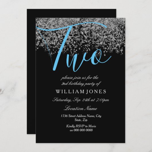 Blue Silver Black Boys 2e anniversaire Invitation (Devant / Derrière)