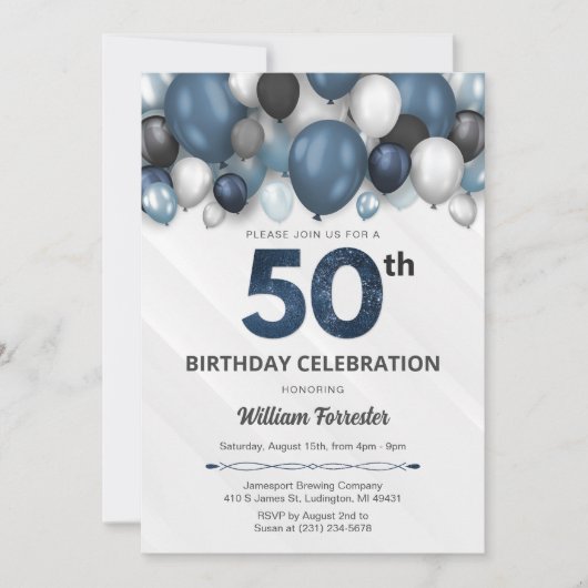 Blue Silver Black & White Invitation 50e anniversa (Devant)