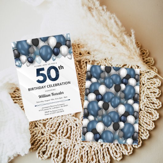 Blue Silver Black & White Invitation 50e anniversa