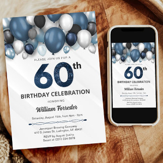 Blue Silver Black & White Invitation 60e anniversa