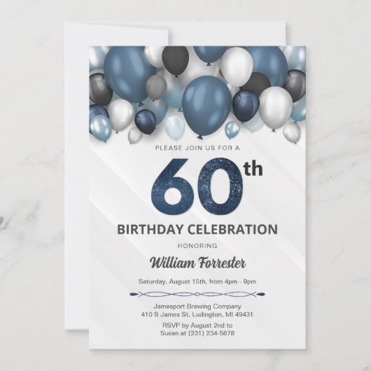 Blue Silver Black & White Invitation 60e anniversa (Devant)