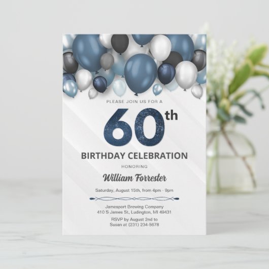 Blue Silver Black & White Invitation 60e anniversa (Debout devant)