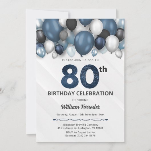 Blue Silver Black & White Invitation d'anniversair (Devant)