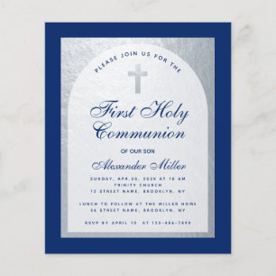 Blue Silver Boy Eerste Communie Budget Uitnodiging