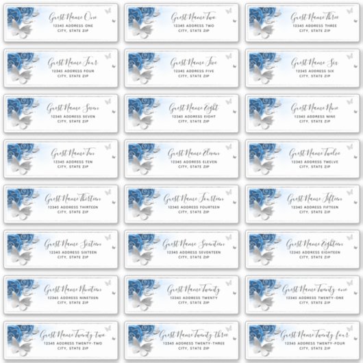 Blue Silver Butterfly 24 Wedding Guest Address Sticker (Voorkant)