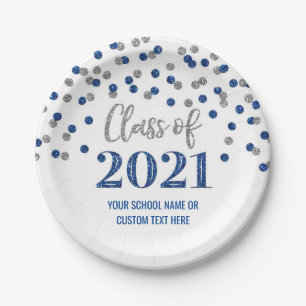 Blue Silver Confetti Afstuderen 2021 Papieren Bordje