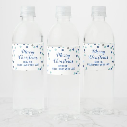 Blue Silver Confetti Custom Merry Christmas Waterfles Etiket (Flessen)