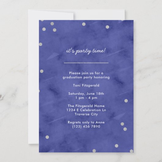 Blue & Silver Confetti Photo Afstuderen Invitation Kaart (Achterkant)