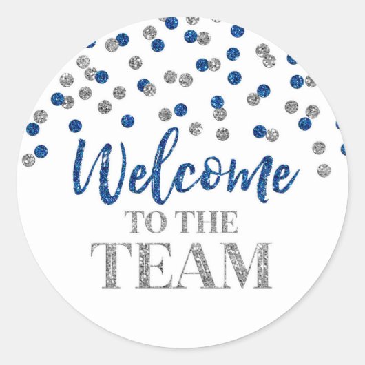 Blue Silver Confetti Welcome to Team Ronde Sticker (Voorkant)