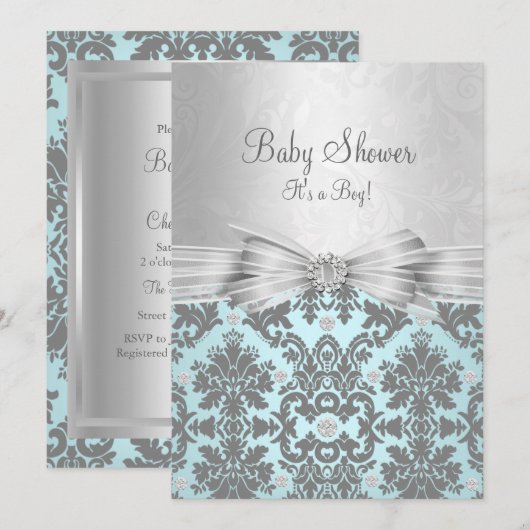 Blue & Silver Damask Baby shower Invitation Kaart (Voorkant / Achterkant)