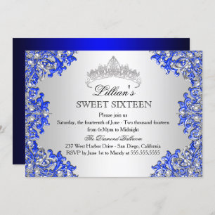 Blue Silver Damask Tiara Sweet 16 Invitation
